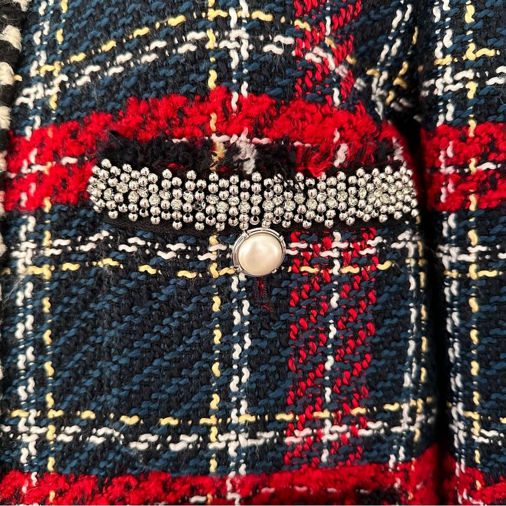 Zara Navy Black Red Plaid Bouckle Tweed Pearl Beaded Trim Blazer Jacket Size L❤️ - Picture 6 of 15
